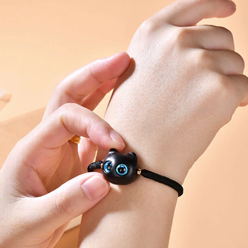 Ebony Wood Cat Head Pattern Peace King Kong Knot Braided Bracelet