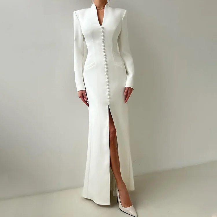 Elegant V Neck Long Sleeve Button Decor Slit Maxi Dress