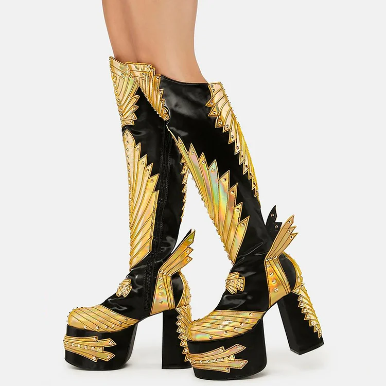 Black & Gold Chunky Heel Studs Knee High Boots Evening Platform Shoes |FSJ Shoes