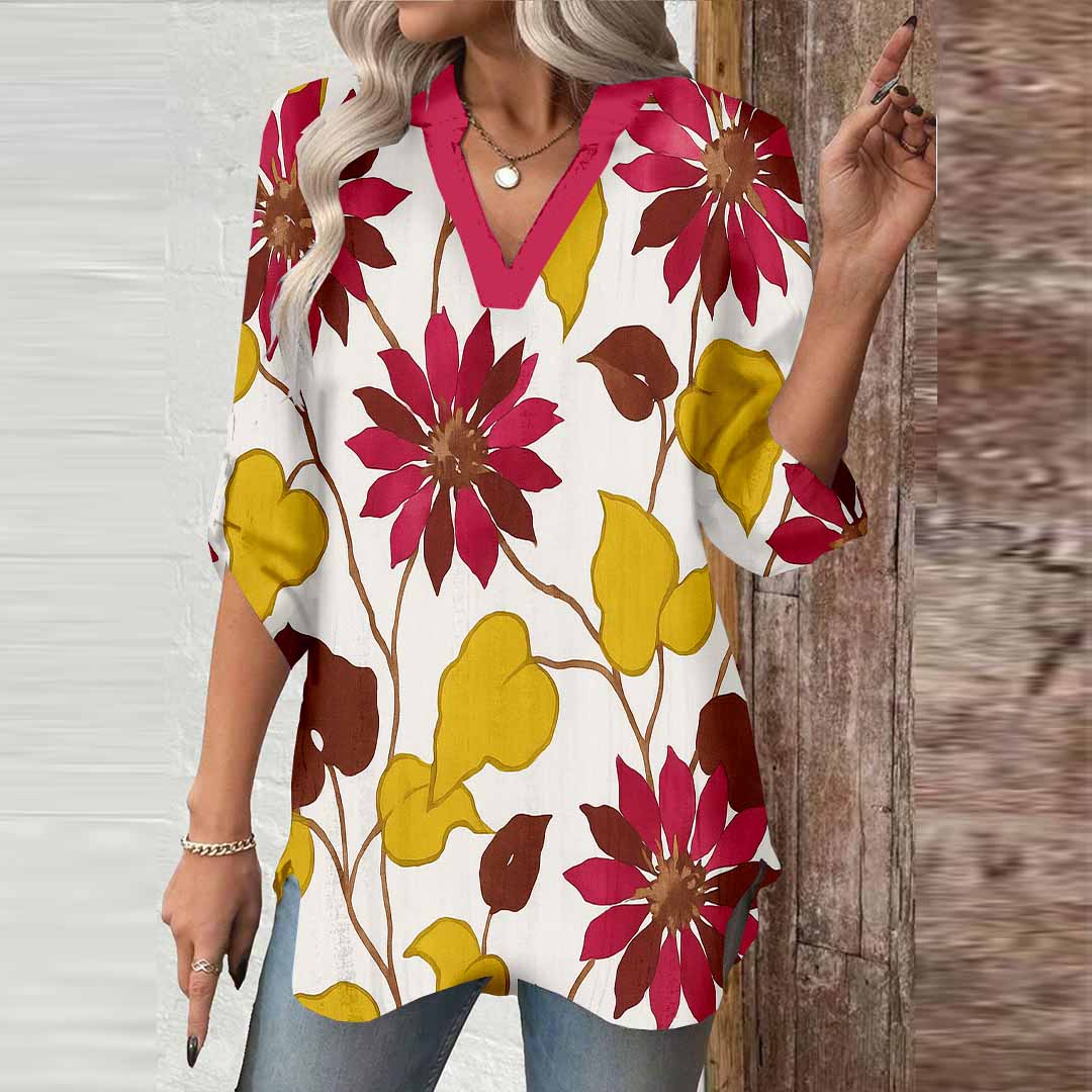 Women Leaves, Yellow, Red DZGA0174 3/4 Sleeve V-neck Printed Graphic Button Tops