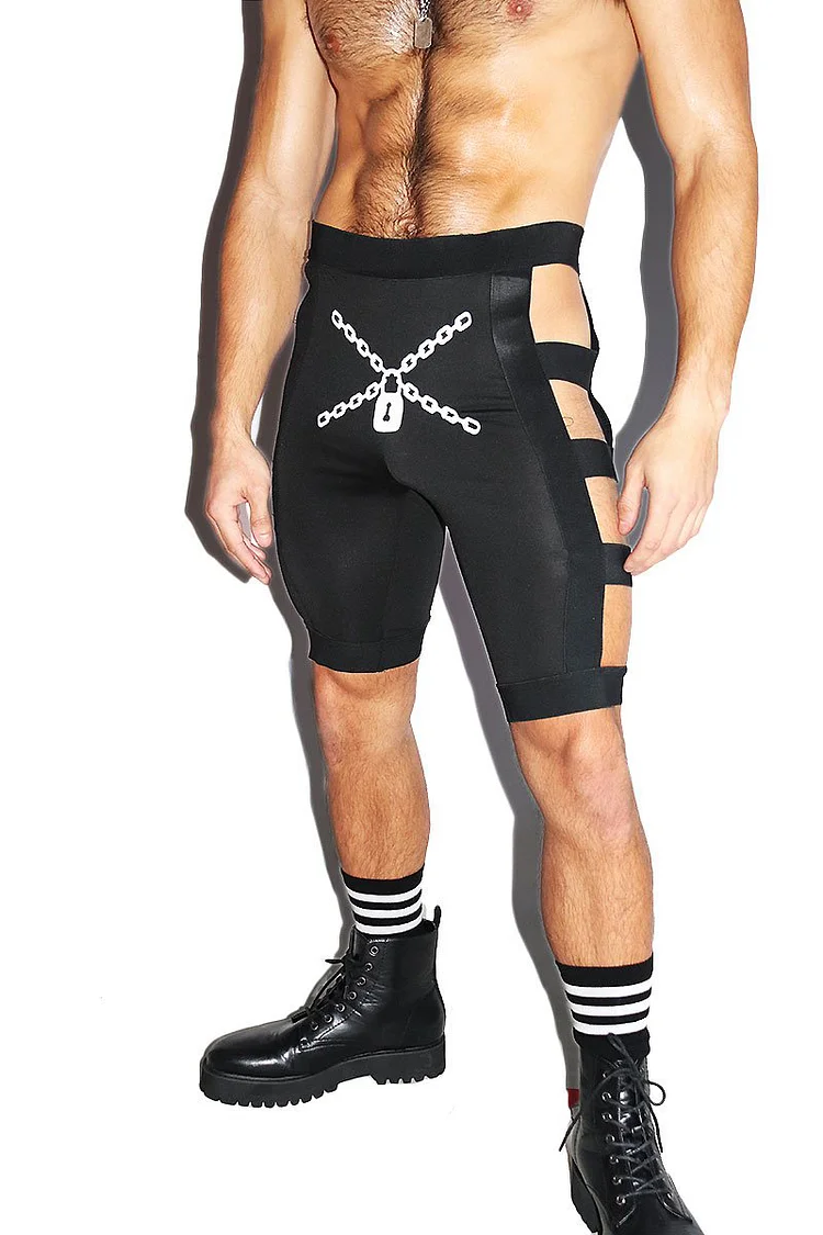 Chain Locked Up Print Side Cut Out Black Shorts [Pre-Order]