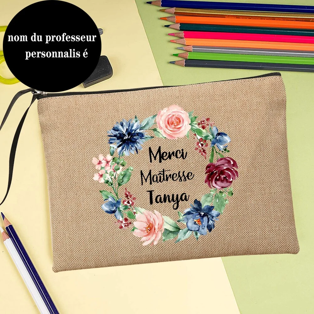 Thank You Mistress with Name Personalised Teacher Pouch Merci Ma?tresse Teacher's Storage Bag Cosmetic Purse Gift for Teachers