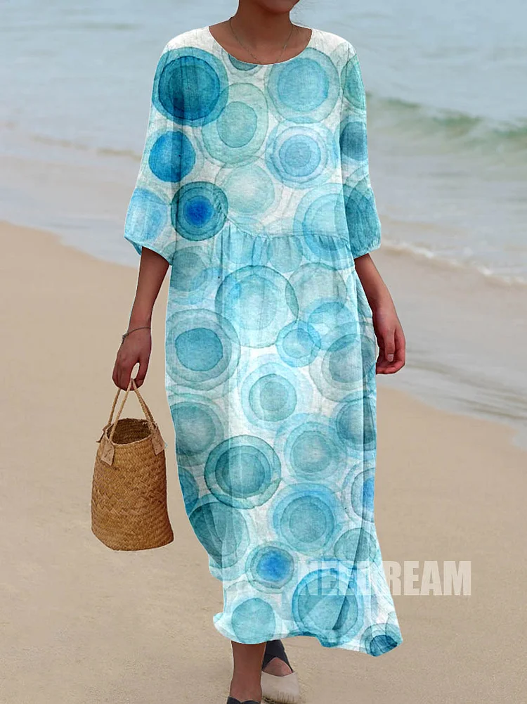 Womens Artistic Watercolor Bubble Pattern Pocket Cotton Dress