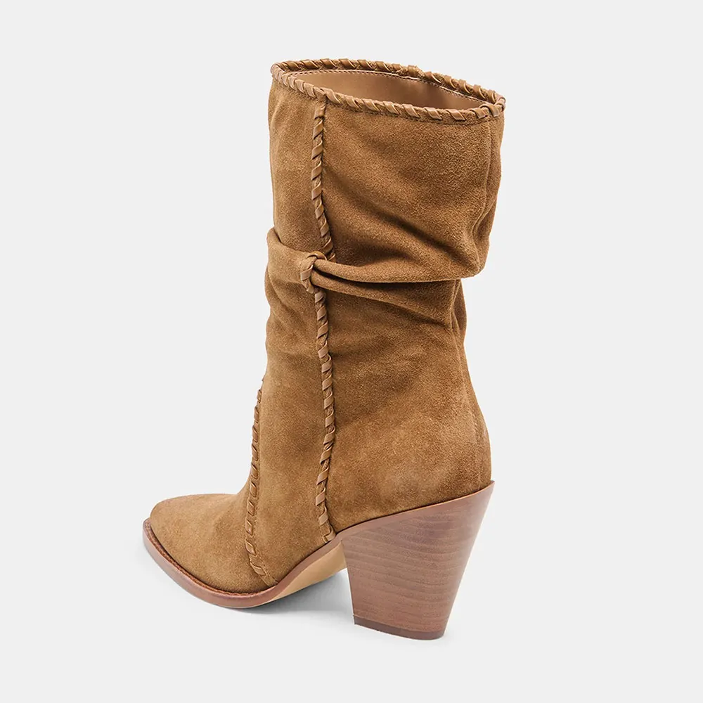 Brown Vegan Suede Pointed Toe Pleated Mid Calf Boots with Chunky Heel