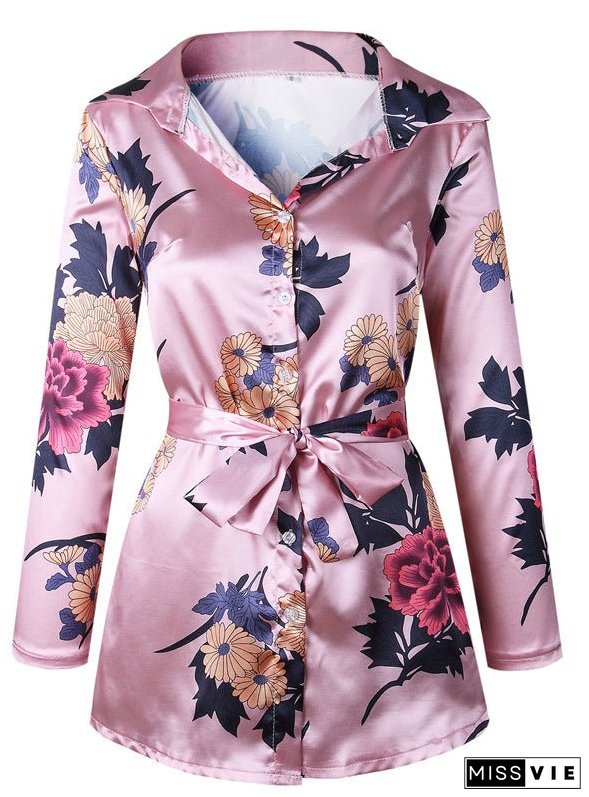 Floral Print Notched Dress Women Summer Long Sleeve Sexy Split