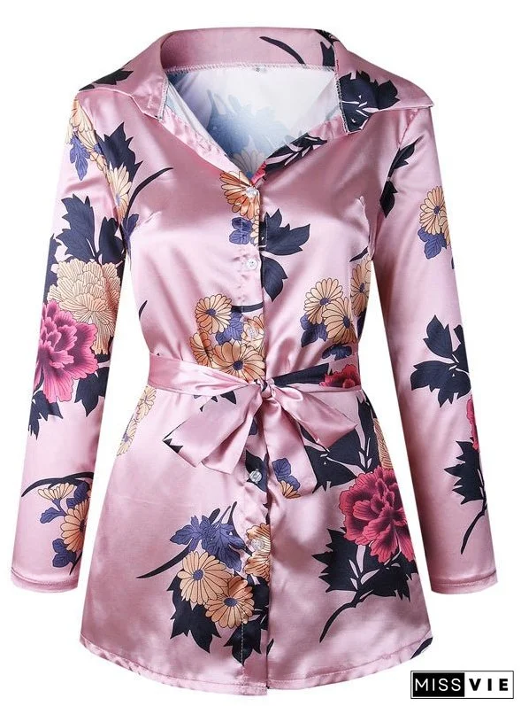 Floral Print Notched Dress Women Summer Long Sleeve Sexy Split