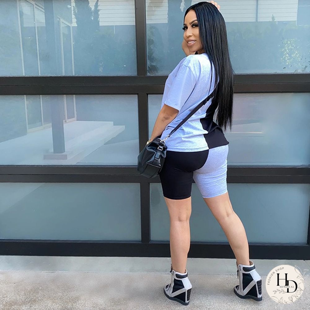 New Fashion Women Solid Sporting Casual Two Piece Set Short Sleeve Tee Top Biker Shorts