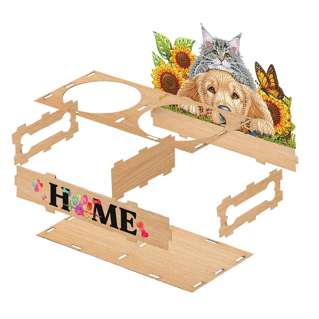 Diamond Painting Food Bowl with Wood Stand Diamond Art Dog Bowl for Small Dogs