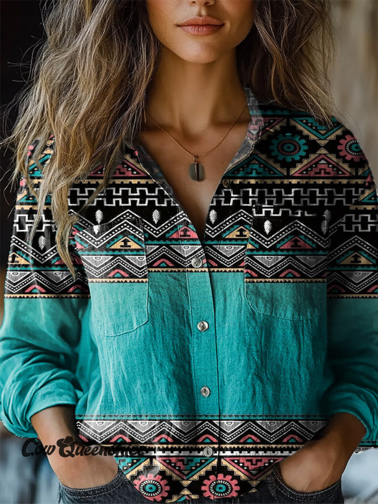 Blue Pattern Art Graffiti Women’s Print Casual Long Sleeve Comfortable Cotton Shirt Multicolor / S