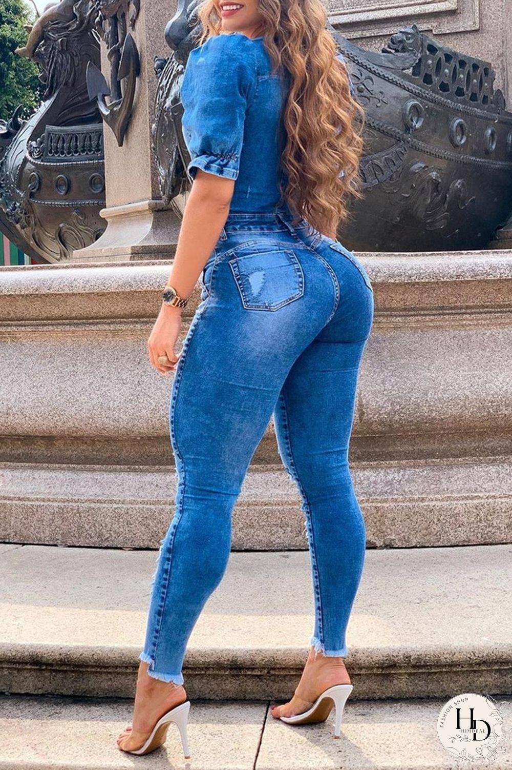 Baby Blue Fashion Casual Solid Ripped Square Collar Skinny Jumpsuits