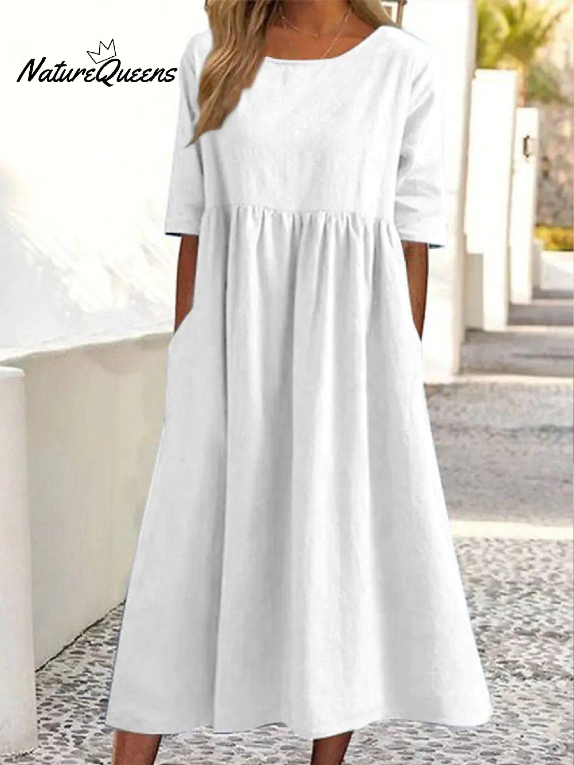 Cotton And Linen Casual Short Sleeve Pocket Pleated Loose Round Neck Dress mysite idetrend