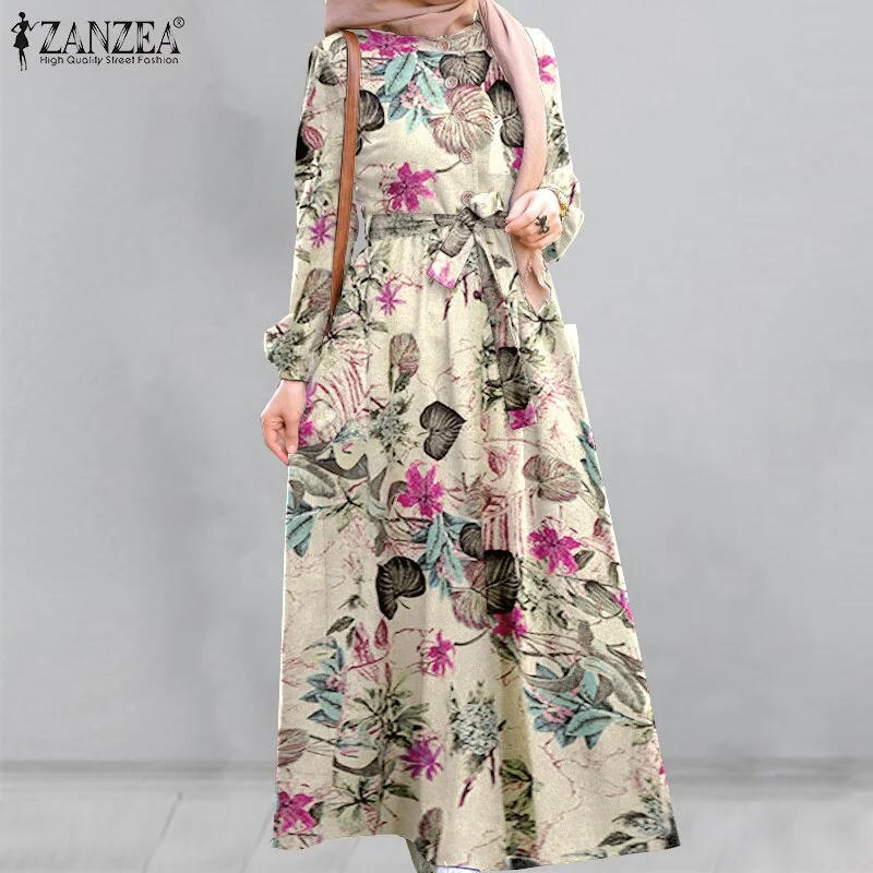 Retro Floral Printed Maxi Dress Women's Autumn Sundress 2022 ZANZEA Muslim Dresses Female Belted Oversized Long Vestido Robe