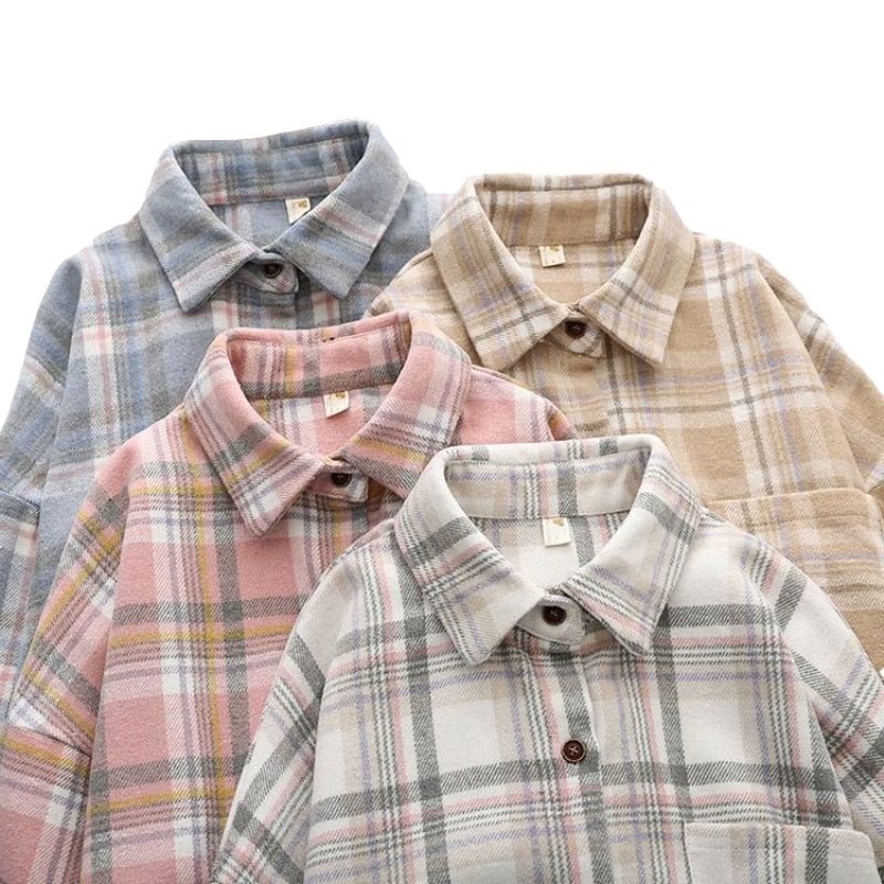 PUWD Vintage Woman Loose Cotton Plaid Patchwork Shirt Spring Autumn Casual Woman Oversized Soft Shirts Female Fashion Blouses