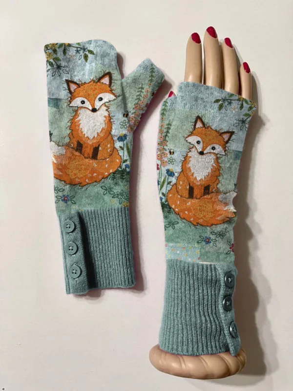 Retro fox casual print knit fingerless gloves