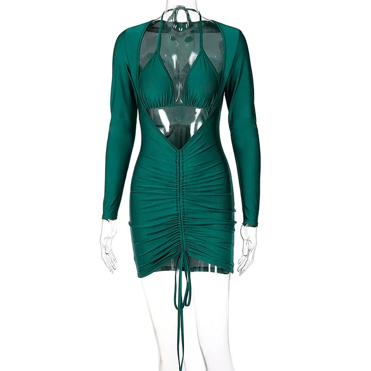Hugcitar Long Sleeve Bandage Hollow Out Ruched Bodycon Mini Dress 2021 Autumn Winter Women Fashion Y2K Slim Streetwear Elegant