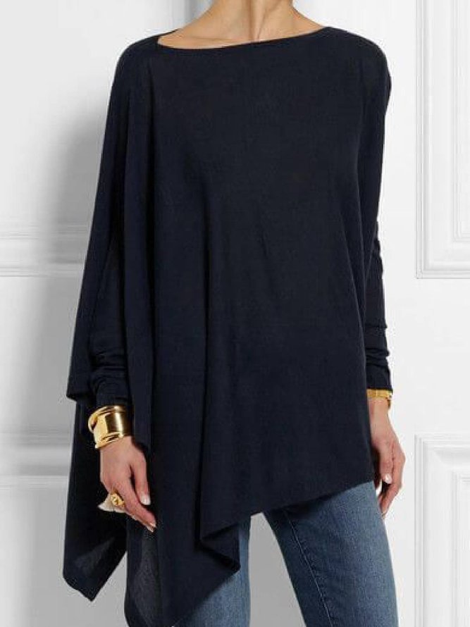 Navy Blue Round Neck Long Sleeve Cotton-Blend Shirts & Tops
