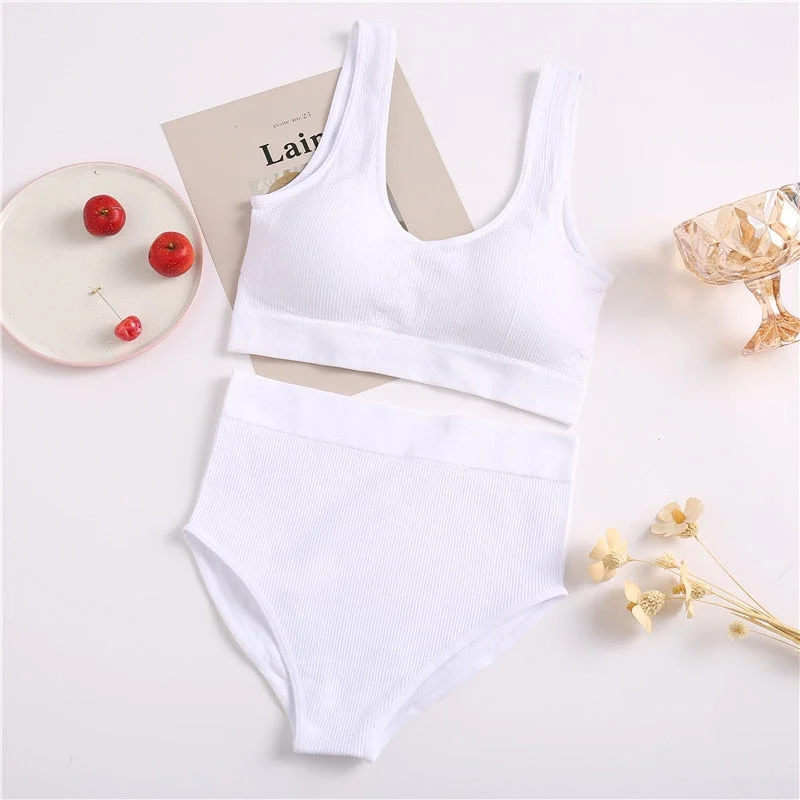 Seamless Crop Top Bra Set High Waist Panties Women Wireless Underwear Suit Padded Bra Set Backless Bralette Lingerie for Female