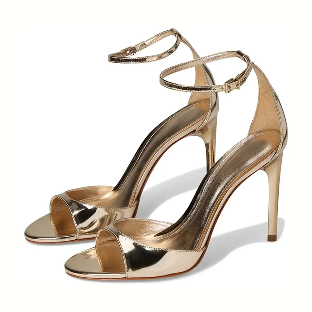 Ankle Strap Buckle Stiletto&nbsp;Heel Metallic Gold Sandals for Women