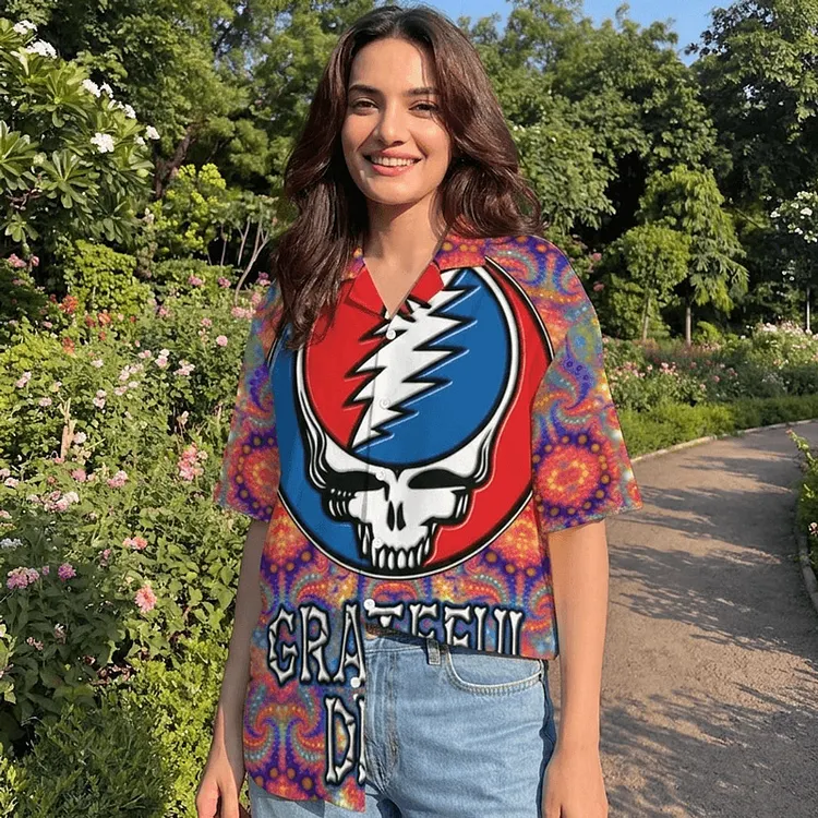 Vintage Grateful Dead Skull & Bear &Terrapin Graphic Cuban Collar Short Sleeve Shirt &ndash; Unisex Retro Cotton Top