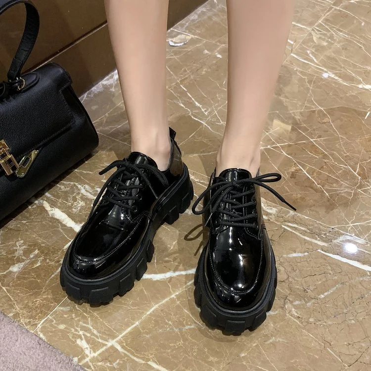Breakj Leather Shoes Female 2020 New Wild Thick High Heel Retro Black Work Shoes Spring and Autumn Sponge Cake Low Single Shoes