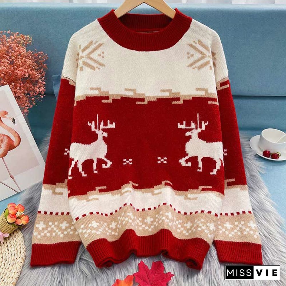 Christmas Reindeer Pattern Colorblock Round Collar Sweater