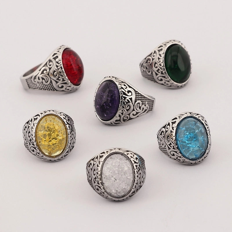 Jewelry Hip-Hop Oval 304 Stainless Steel Natural Stone 18K Gold Plated Inlay Rings