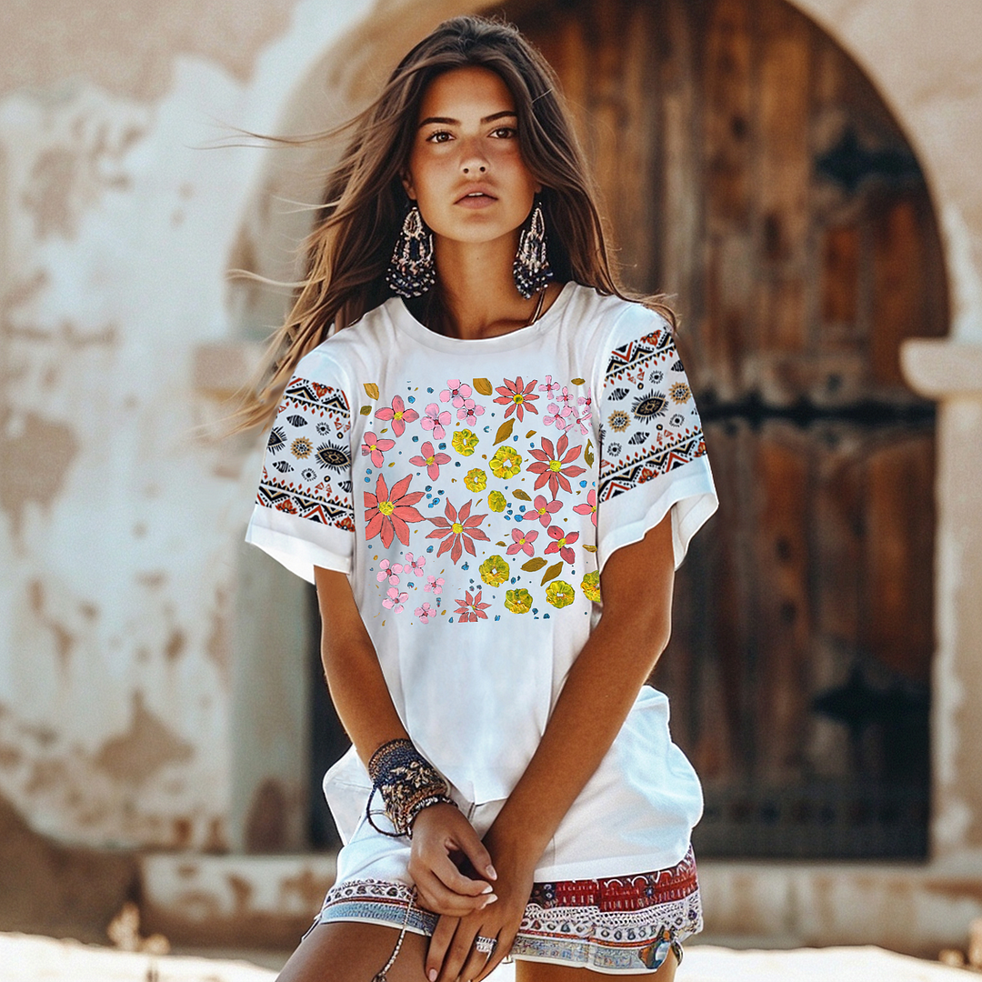 Style & Comfort for Mature Women Boho Loose Short Sleeve Plus Size Printed Soft T-shirt in Color White