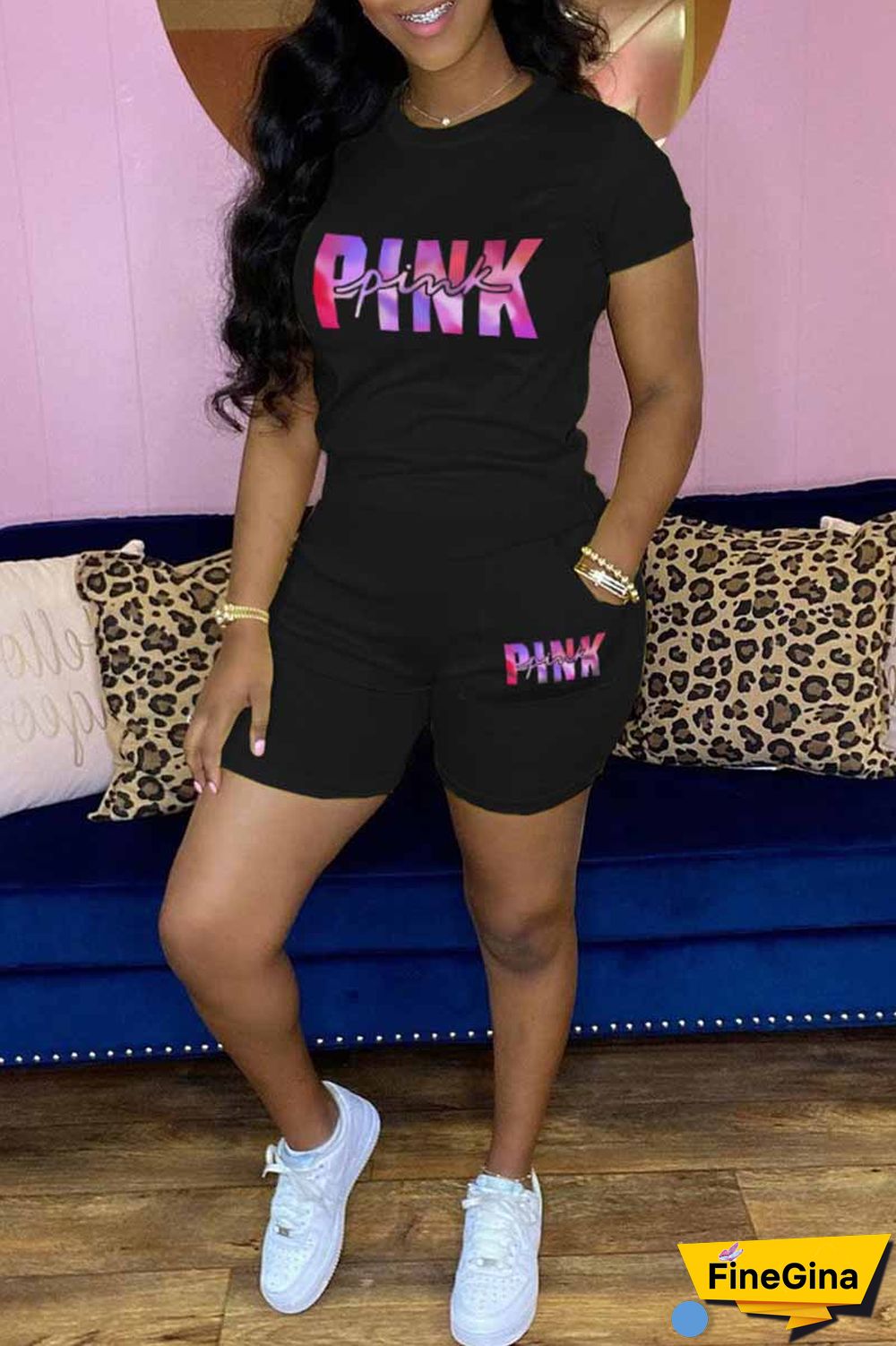 Burgundy Casual Print Letter O Neck Short Sleeve Two Pieces