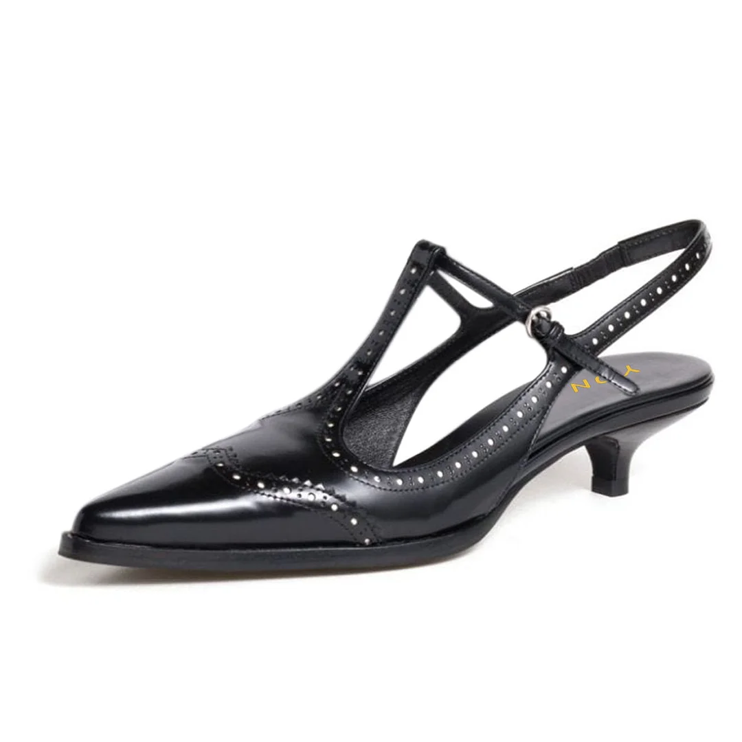 Black Pointed Toe Buckle Strap Slingback Pumps with Kitten Heels