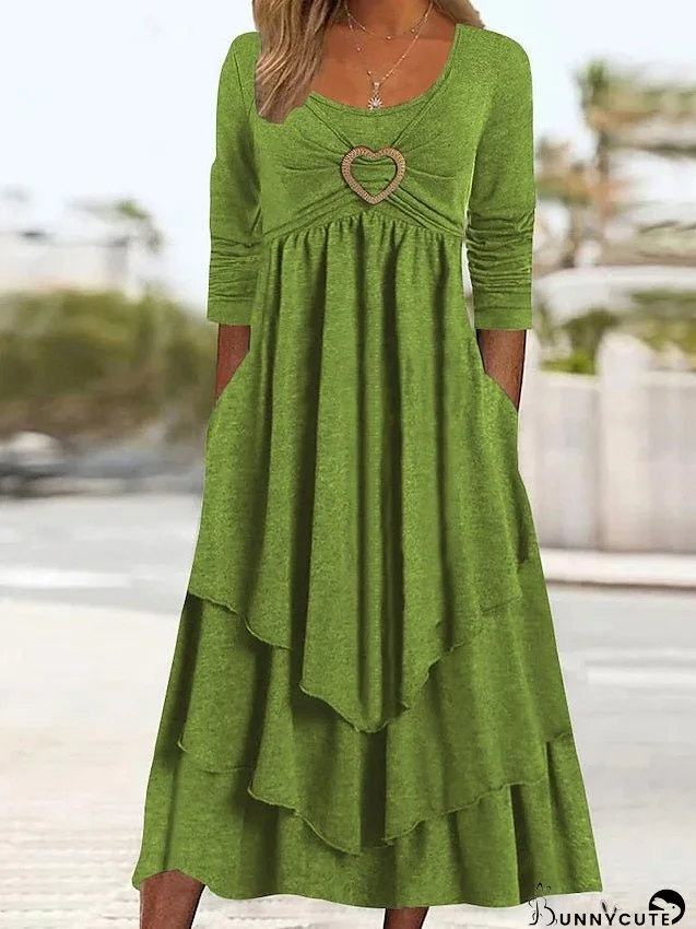 Casual Dress Swing Dress Midi Dress Green Light Grey Dark Gray Long Sleeve Pure Color Ruched Winter Fall Spring U Neck Fashion Vacation S M L XL XXL 3XL for Women