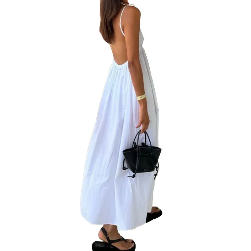 Uveng Uveng Winter New Women's Temperament Sexy Back Sleeveless Solid Color V Collar Sling Skirt Big Place Dress