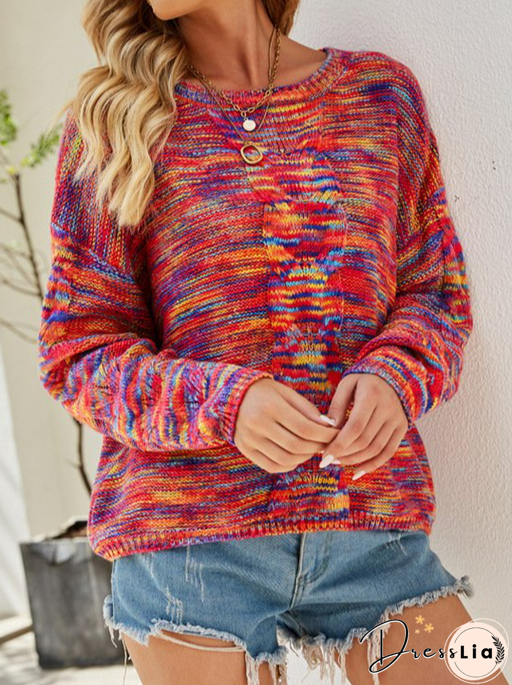 Crew Neck Paneled Long Sleeve Casual Sweater