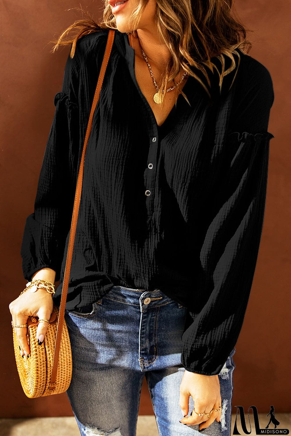 MidiSono - Black Casual Crinkled Blouse Top