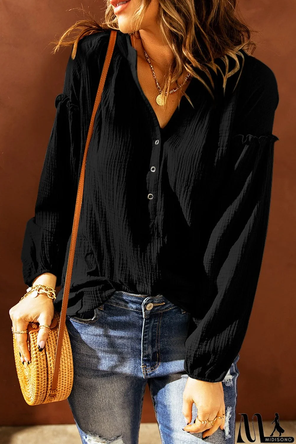MidiSono - Black Casual Crinkled Blouse Top