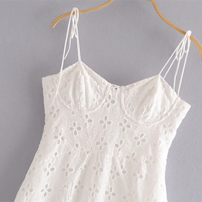 Chu Sau beauty Women Summer Dress Female Fashion Wild Casual  Backless Slim Hollow Embroidery Strap Dresses Women