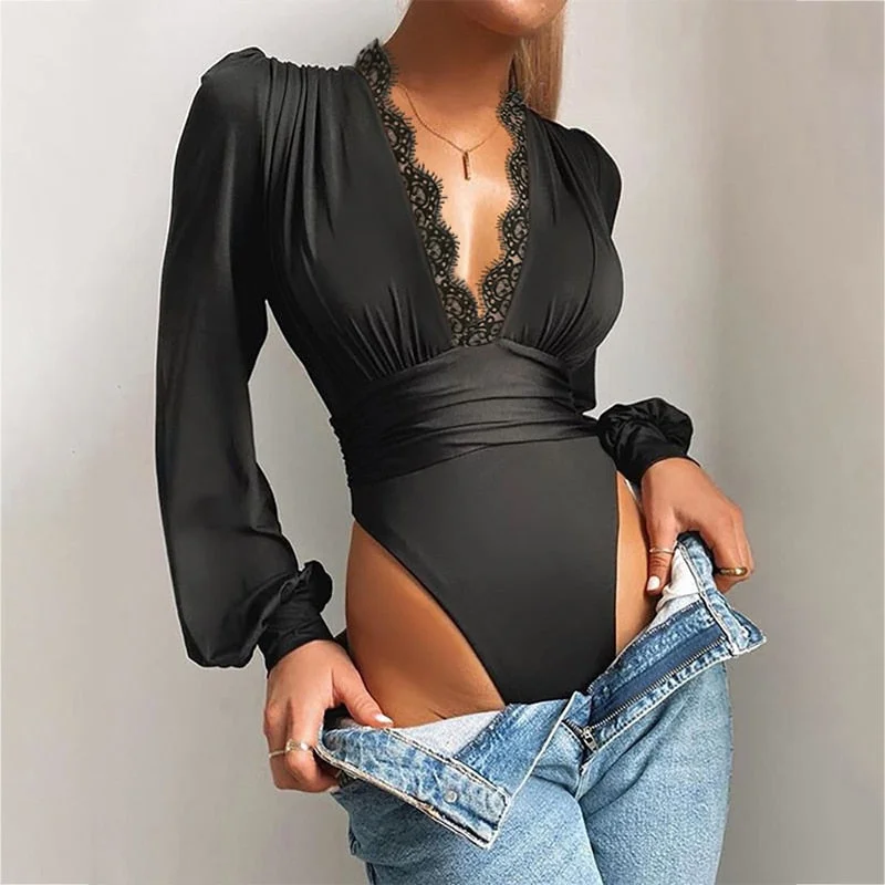 Solid Color Deep V Neck Bodysuit Women Summer Sexy Puff Sleeve Bodycon Jumpsuit Elastic Casual Party Winter Bodysuits Body Tops