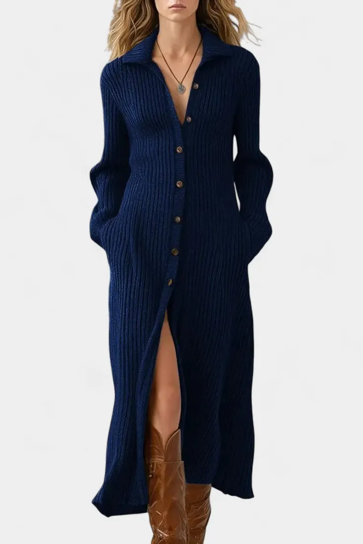 Long Button-Front Knit Dress with Collar