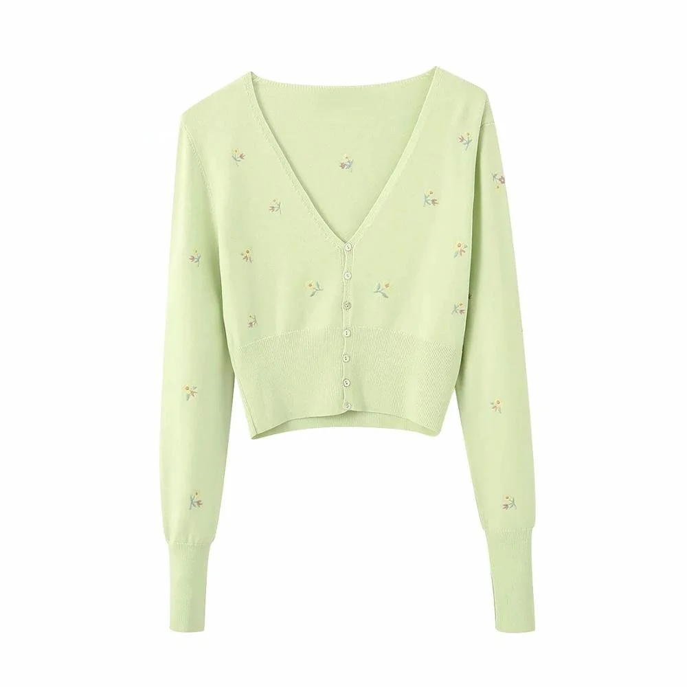 2021 Spring new women's Embroidery Green Cropped knit cardigan Casual two pieces set fashion streetwear sexy female crop tops