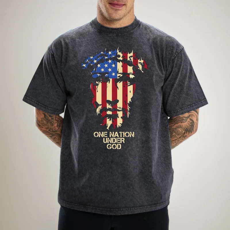 American Flag Crown of thorns Jesus Face Men's Acid Wash Loose T-Shirt