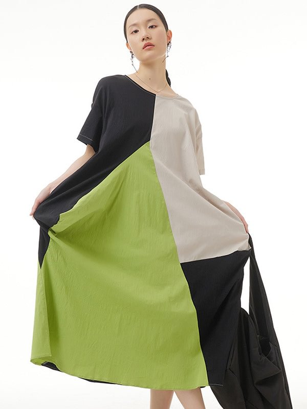 Casual Loose Cotton Contrast Color Split-Joint Irregular Midi Dress
