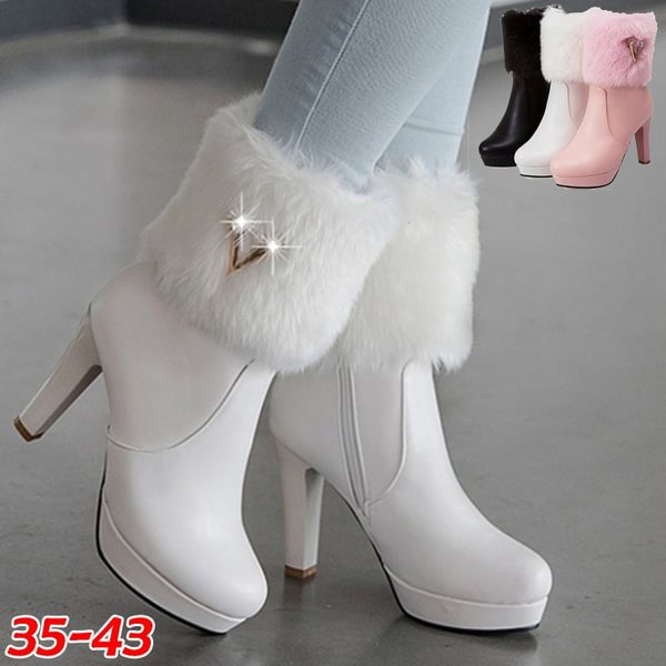 Womens Boots Thick High Heels Boots Zipper Boots Ladies White Boots Botines Mujer Plus Size 35-43 - Shop Trendy Women's Clothing | LoverChic
