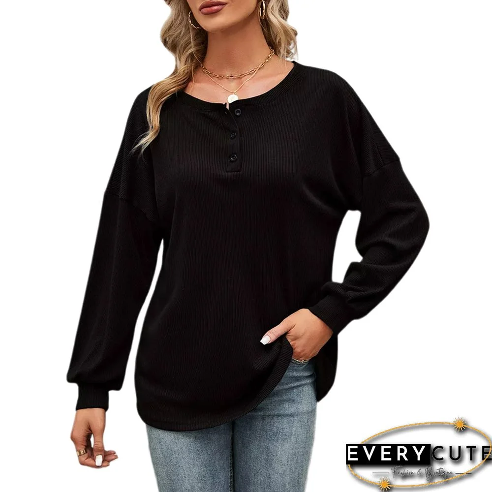 Black Button-up Drop Shoulder Puff Sleeve Tops