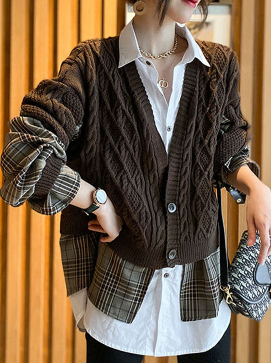 Fine Coffee Knit Patchwork Plaid Hollow Out Wrinkled Fall Wool Two Piece Set Outfits