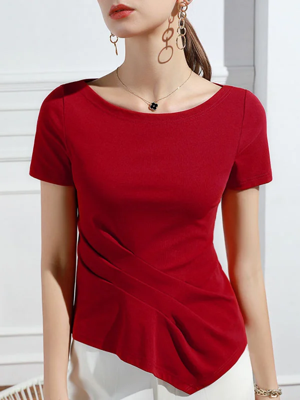 Irregular Clipping Short Sleeves Pleated Solid Color Round-Neck T-Shirts Tops