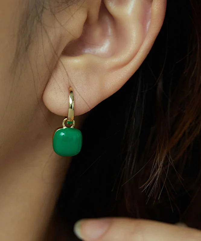 Unique Green Copper Overgild 18K Gem Stone Square Drop Earrings