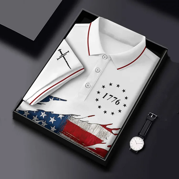 Men's Vintage 1776 Cross Flag Print Polo Shirt