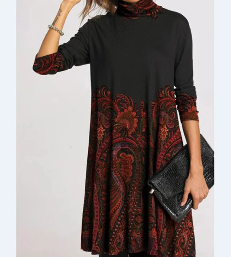 Brownm Fashion Printed Collar Long Sleeves Loose Dresses