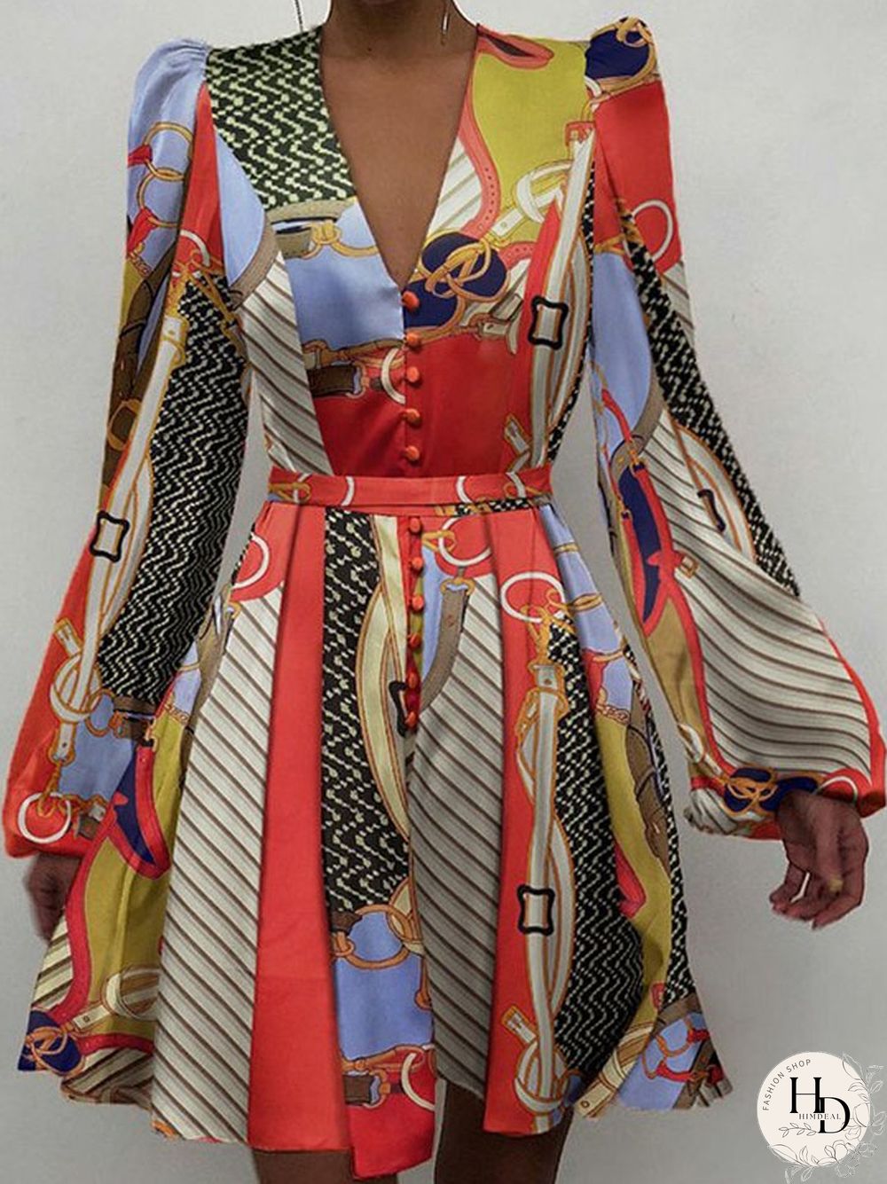 V-neck Temperament Slim Dress Lantern Sleeve Skirt