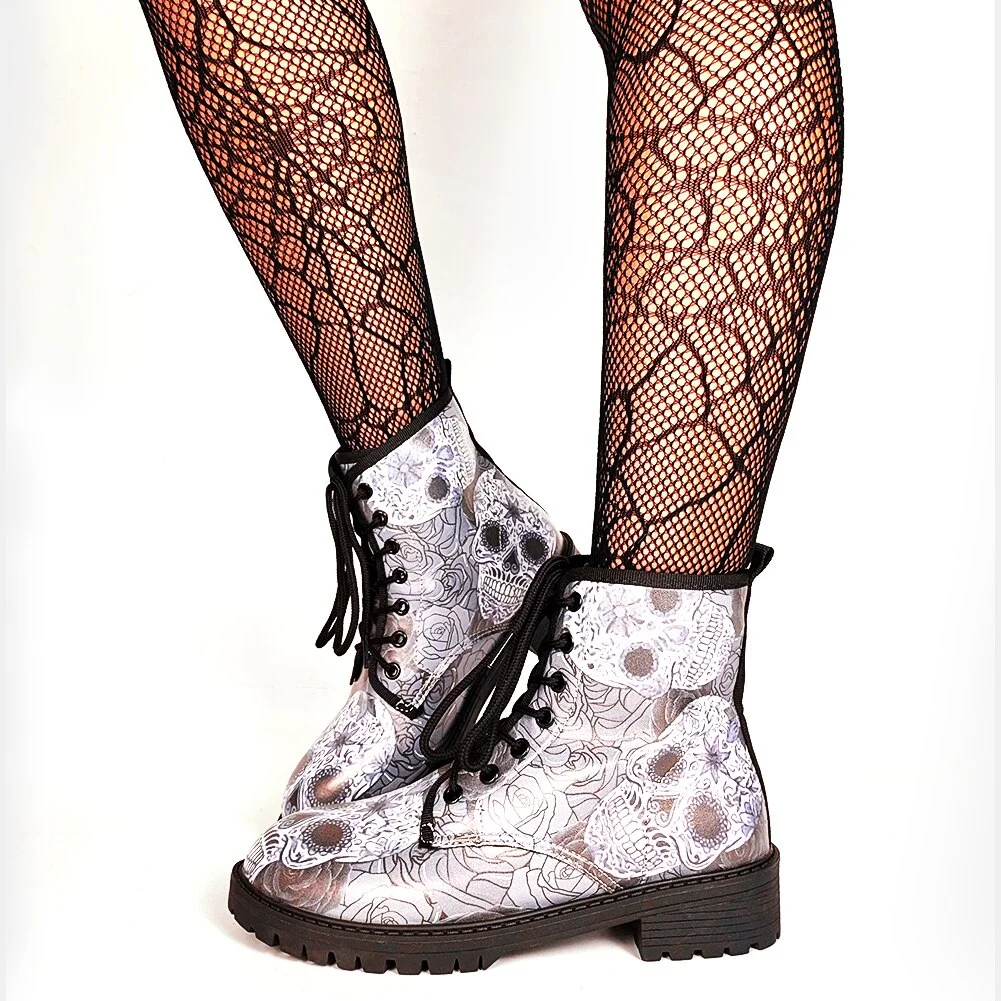 Brand Big Size 43 Cool Skulls Butterfly Rose Flowers Printed Gothic Style Ankle Booties Fashion Boots Street Women Shoes