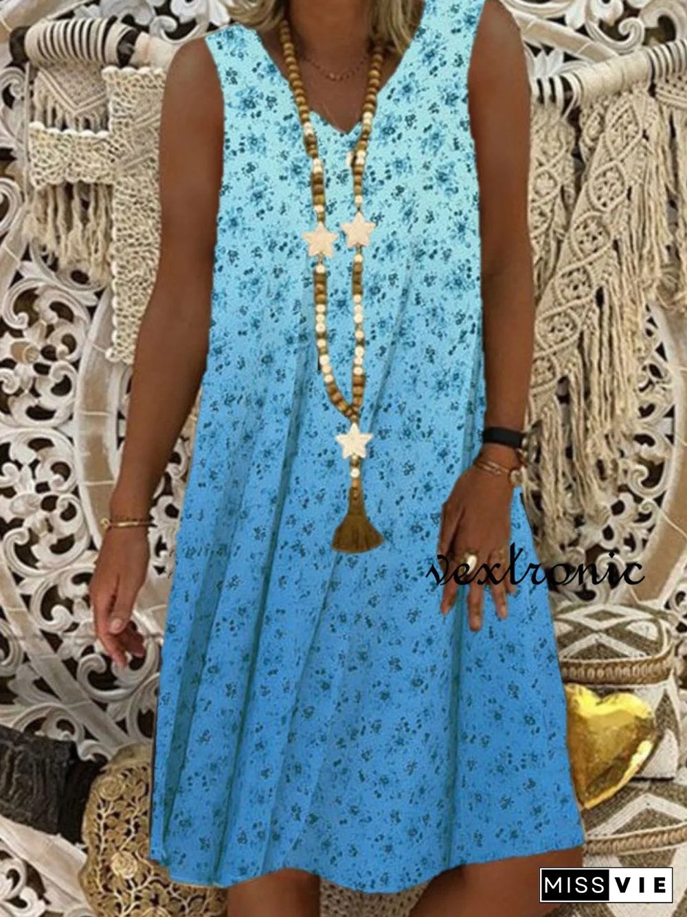Women Sleeveless V-neck Floral Printed Gradient Dress